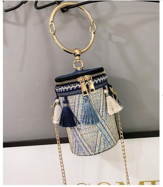 

chain national wind ring shoulder bag straw woven cylinder bag small fairy tassel bucket bag