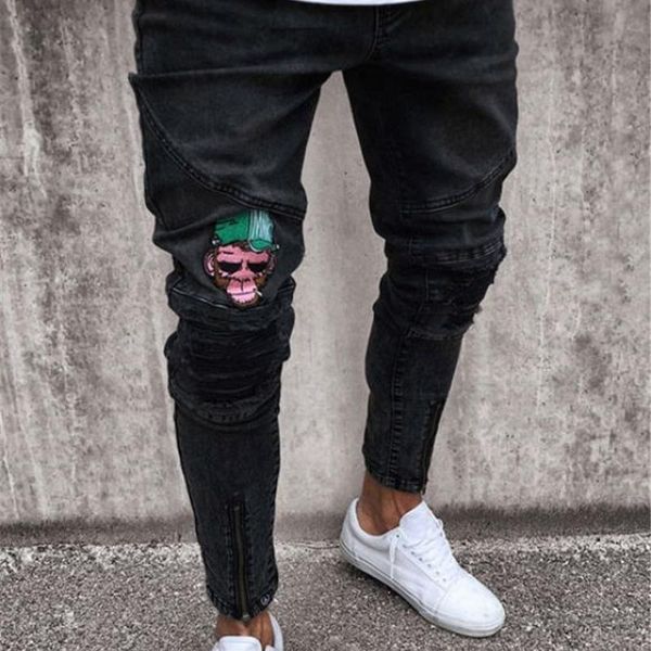

2019 men brand embroidery jeans fashion men casual slim fit straight high stretch feet skinny jeans men's black trousers homme, Blue