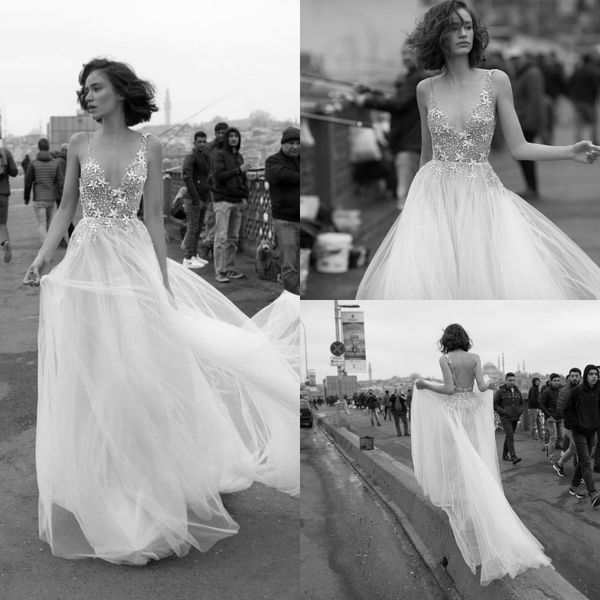

liz martinez 2019 beach wedding dresses spaghetti lace 3d floral appliqued backless boho wedding dress custom plus size bridal gowns, White
