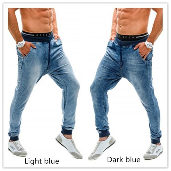 

new fashion joggers run men's pants jeans high waist cool man washed slim denim shorts men belt solid trousers male, Blue