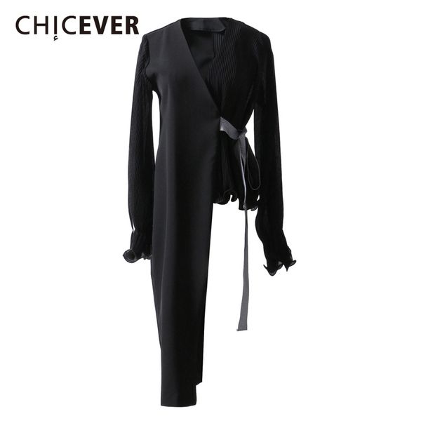

women's suits & blazers chicever elegant asymmetrical blazer female chiffon patchwork v neck lantern sleeve lace up high waist coat wom, White;black