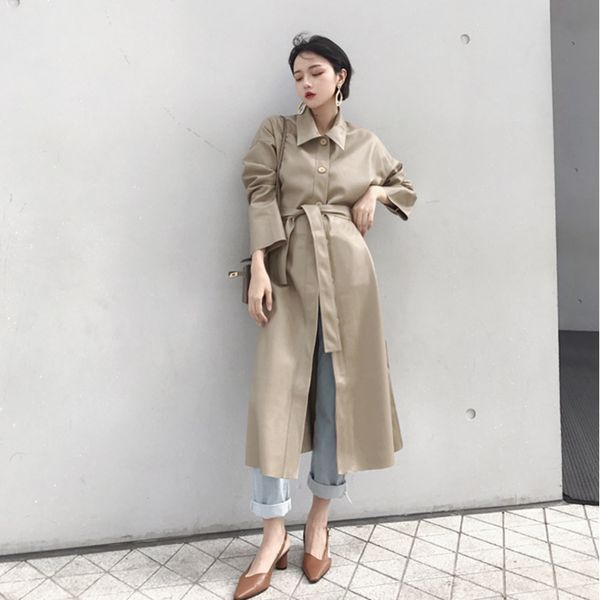 

2019 new spring fashion long type pu leather windbreaker loose single-breasted long coat black women's clothing e378, Tan;black