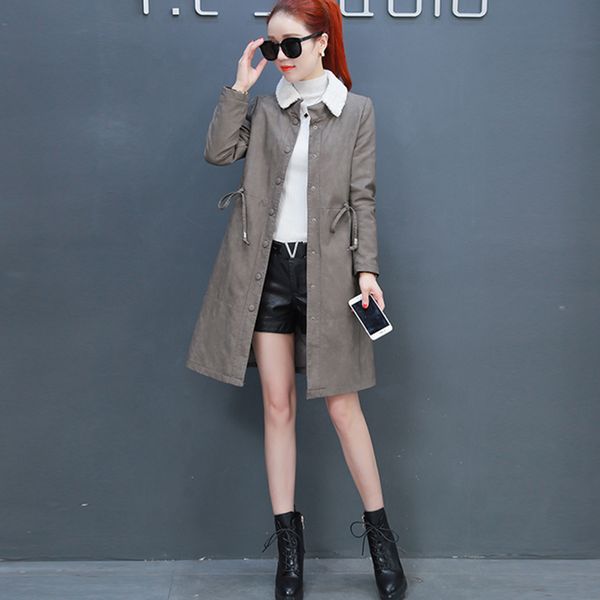 

autumn winter new women faux leather jackets medium long thick plus velvet jacket female long sleeve slim coats single button, Black