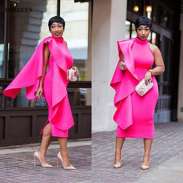 

2019 Sheath High Neck Tea Length Cocktail Dresses Sleeveless Formal Gowns With Watteau Train Elegant Women Party Dresses