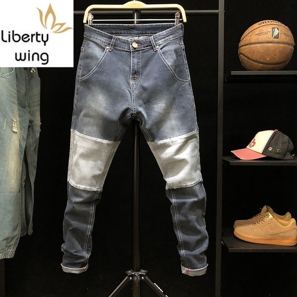 

spring autumn patchwork jeans men plus size 42 slim stretch straight leg long pants casual student biker denim trousers blue