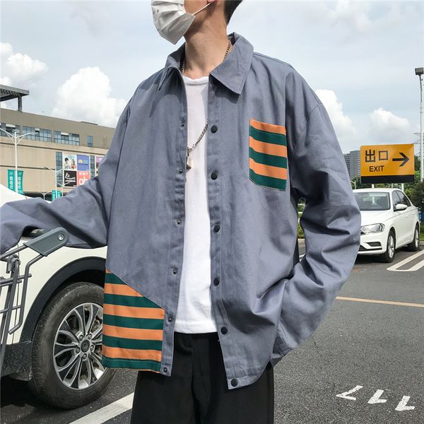 

2019 hong style spring and autumn new color matching shirt student tide loose leisure harajuku jacket male black gray /blue s-xl, Black;brown