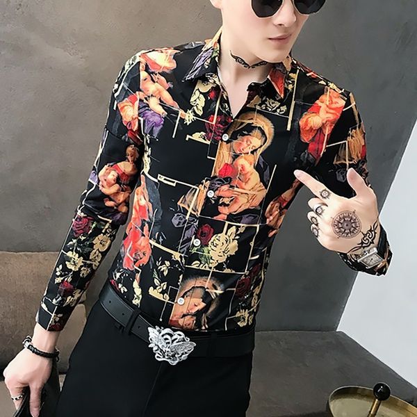 

self-cultivation personality printing long sleeve shirt nightclub shirt mens casual slim fit flower men camiseta masculina, White;black