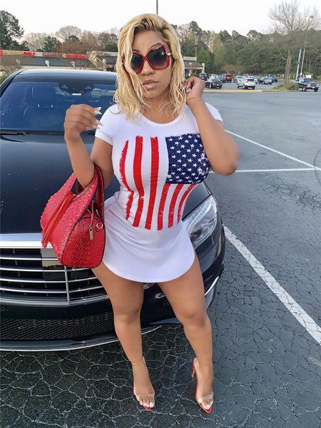 

womens summer mini dresses crew neck short sleeve flag print clothing famel fashion casual clothing, White;black