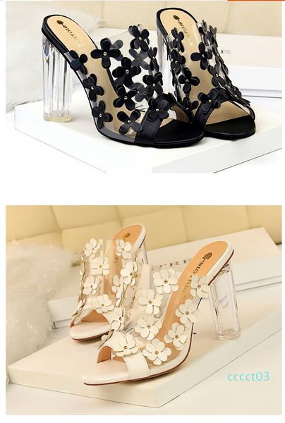 

big size 35 to 40 41 42 43 white flower pvc transparent clear high heel shoes bride wedding shoes 03ct, Black