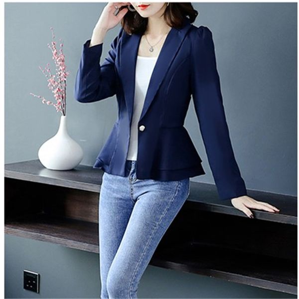 

real shooting fashion monochrome long-sleeved small suit 2019 autumn new korean style slim lotus leaf small suit short jacket, White;black