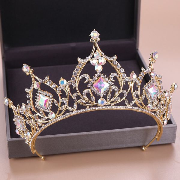 

forseven gold bridal hair jewelry crystal beads tiaras rhinestone queen crown headpiece women wedding hair accessories diadem jl, Golden;white