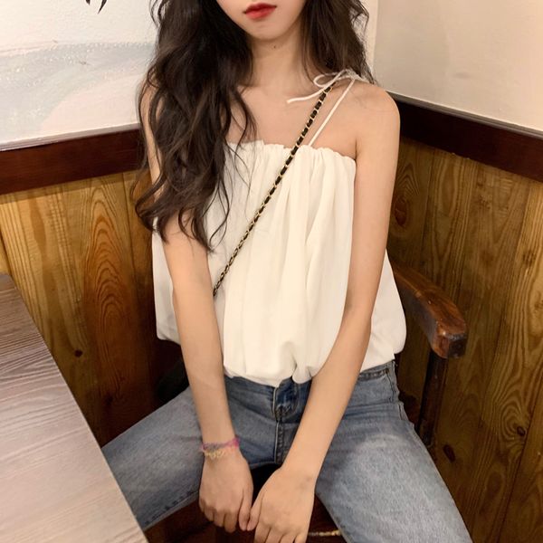 

new summer white spaghetti strap off shoulder vest woman korean vetement femme women's clothing camis tees hot