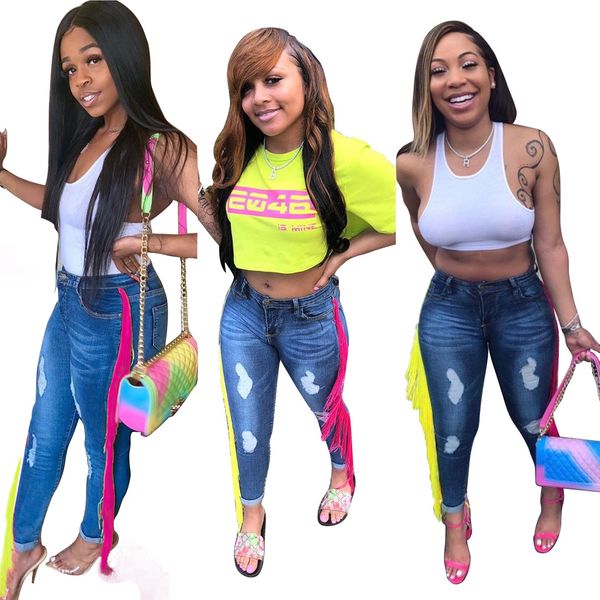 

designer broken hole women's pants fashion tassel nine points jeans stretch women autumn pants with asian size s-2xl wholesale, Blue