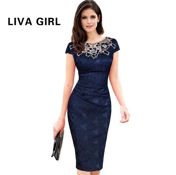 

liva girl womens embroidery elegant vintage dobby fabric hollow out embroidered ruched pencil bodycon evening party dress, White;black