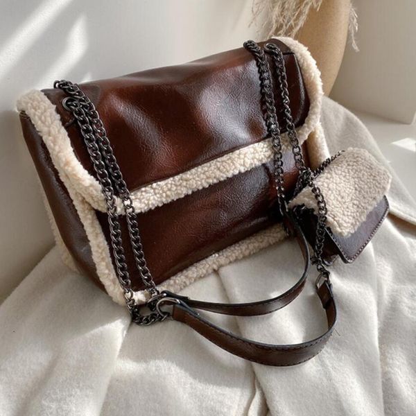 

women's fashion large shoulder crossbody pu quality bag new messenger leather retro square plush chain handbag 2019 bag miick, Red;black