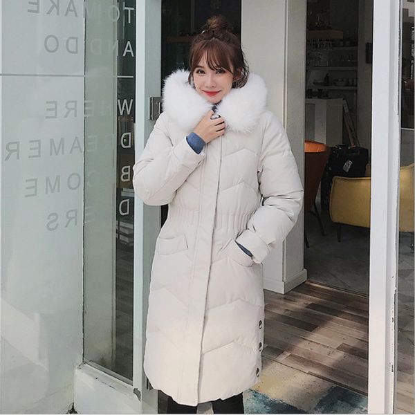 

2019 fur collar women long winter coat female warm jacket down cotton outerwear parkas casaco feminino inverno, Black