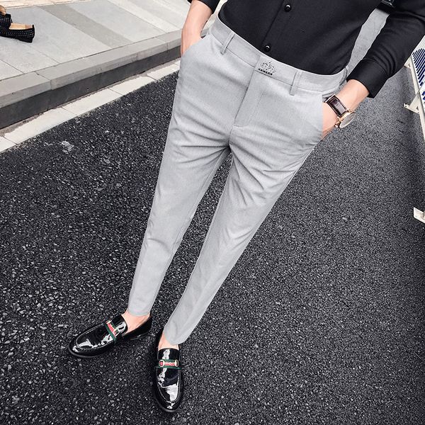 

2019 england casual men trousers slim fit pants solid color trousers social club dress pants korean masculino pantalon homme, Black