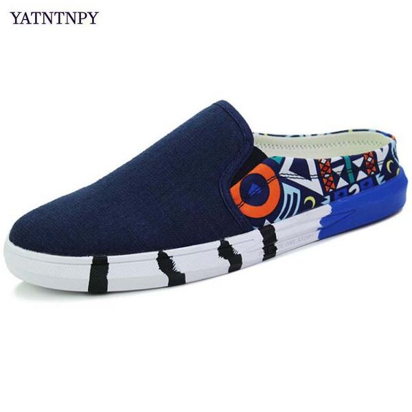 

yatntnpy new summer man shoes half-toed slipper casual canvas trend shoes men slip-on flat loafers printed beach moccasins, Black