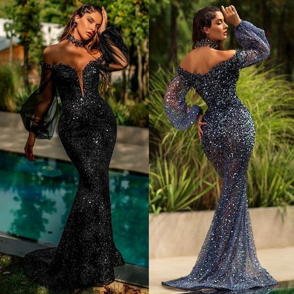 

2020 elegant mermaid evening dresses off shoulder poet long sleeve sequins beads lace prom dress sweep train special occasion dresses, Black;red