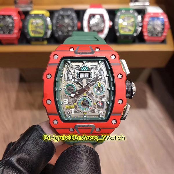 

Luxry new rm11 03rg big date keleton dial miyota automatic rm 11 03 men watch red carbon fiber ca e green rubber trap port watche