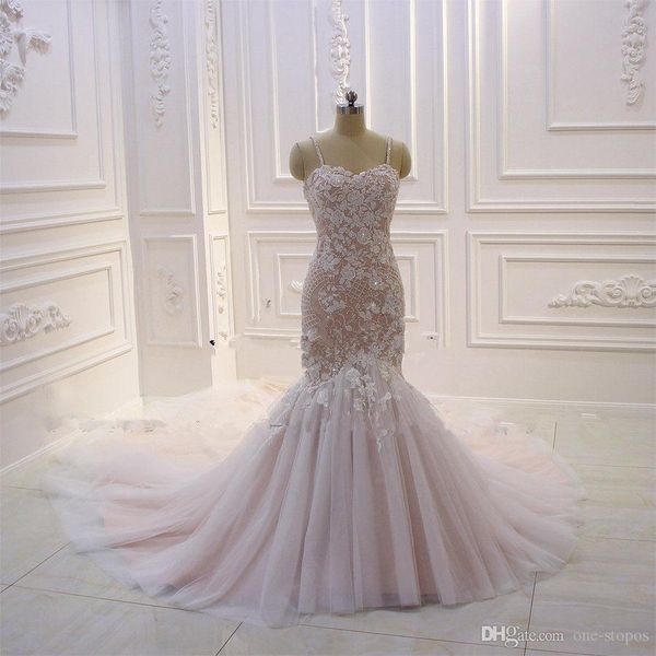 

100% реальные картинки элегантный blush pink lace appliqued спагетти русалка свадебные платья luxury backless pearl бисера плюс размер сваде, White