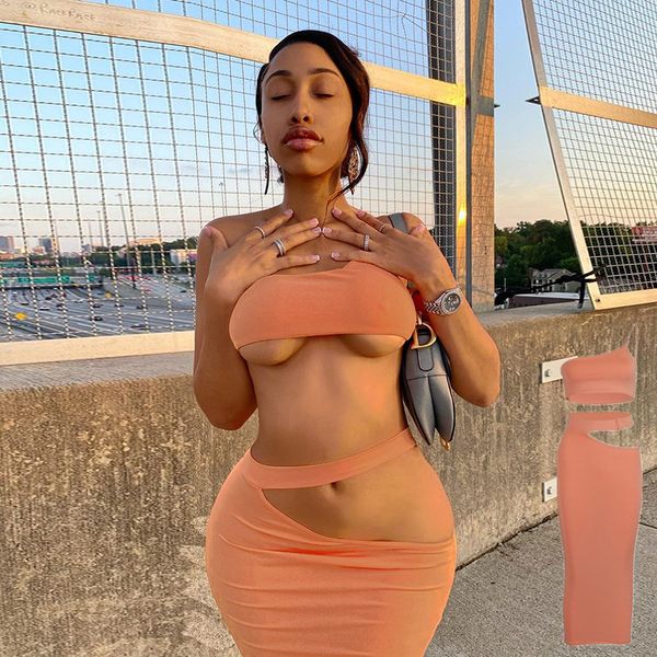 

women's tracksuits women 2-piece set unique one shoulder short crop and hollow out long skirt skinny party club elastic outfits q68, Gray