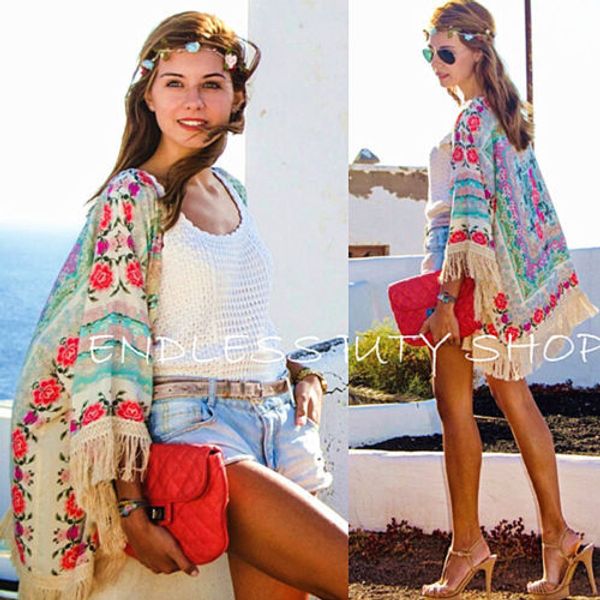 

women ladies summer new boho hippie tassels shawl floral kimono loose blouse cape cardigan, White