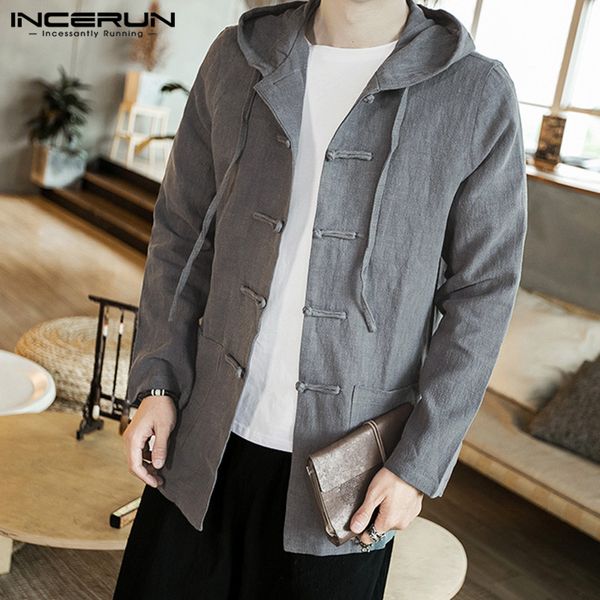 

incerun chinese traditional shirt men long sleeve cotton linen vintage hooded button retro solid hanfu men casual shirt 2019 3xl, White;black