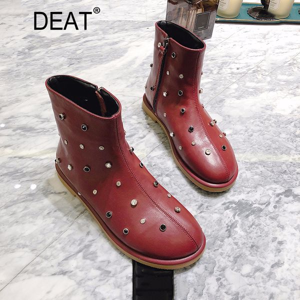 

deat] 2019 round toe zipper rivet casual crystal pu leather velvet women flat short boots new autumn winter fashion tide 10f200, Black
