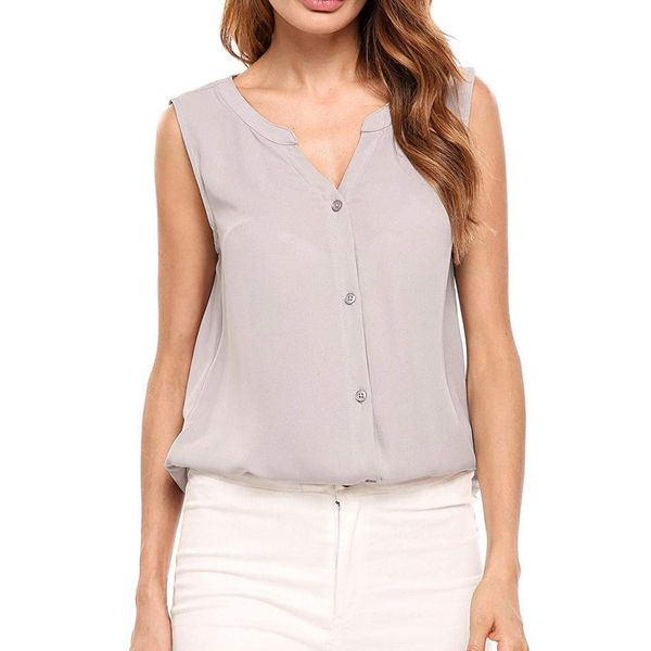 

summer fashion buttons chiffon blouse ladies loose solid v-neck tee female women sleeveless shirt blusas femininas clothing, White