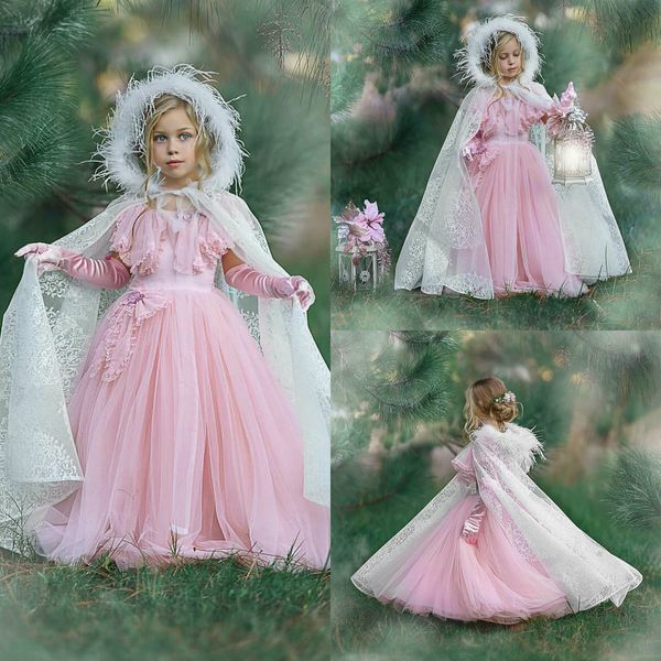 Blush rosa Flor Meninas Vestidos para casamentos com Cape Feather Lace Appliqued Crianças Formal Wear A Linha Pageant Vestido de vestidos de primera