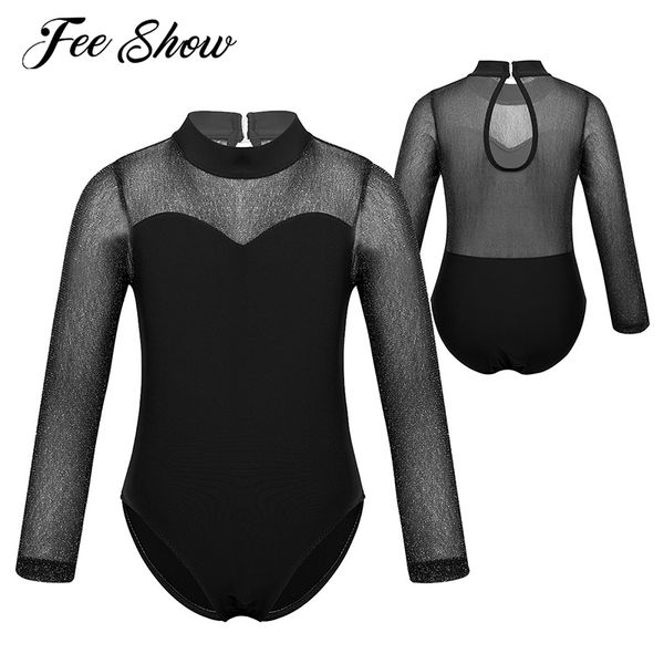 

kids ballerina shiny tulle ballet dress mock neck ballet dance long sleeve leotards for girls gymnastics dancing jumpsuit, Black;red
