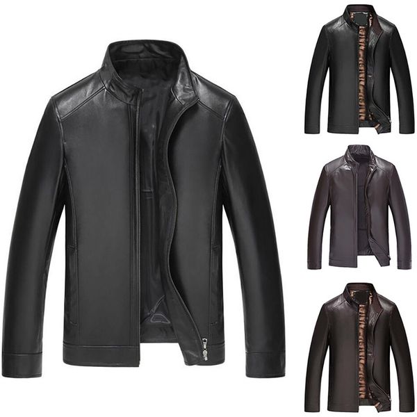 

motorcycle leather jacket men winter casual solid stand collar loose pu leather coat 2019 autumn fashion cool for male, Black