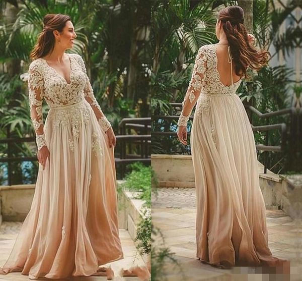 

2020 long sleeves prom dresses chiffon a line v neck lace applique backless floor length a line elegant evening party gowns custom made, Black