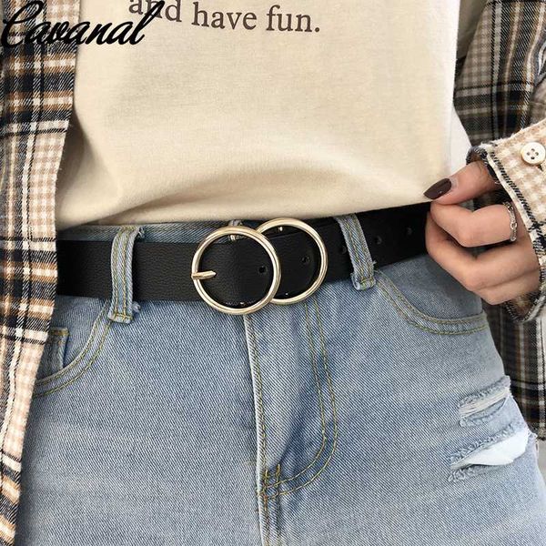 

double circle buckle fashion women's black belt designer's dress wild belts for jeans, Black;brown