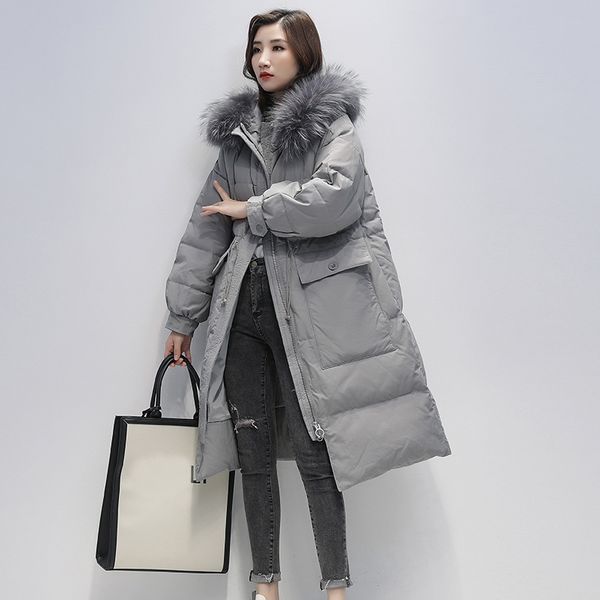 

2020 new winter white duck down jacket real natural fur collar hooded warm long down parka loose female coat snow outwear, Black
