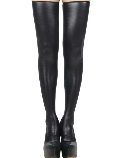 Calze in pelle nera Cerniera posteriore erotica Calze autoreggenti da donna Sexy Lady Trendy Leg Wear con silicone Stay Up