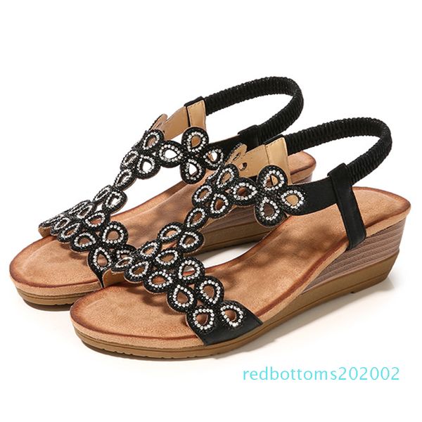 

women summer sandals mid heels wedges shoes woman bohemia plus size shiny crystal deco sandalias mujer sapato feminino r02, Black