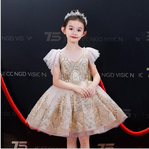 

children's princess dress v-neck wedding dress flower girl evening golden sequins baby girl baptism pageant gown, Red;yellow