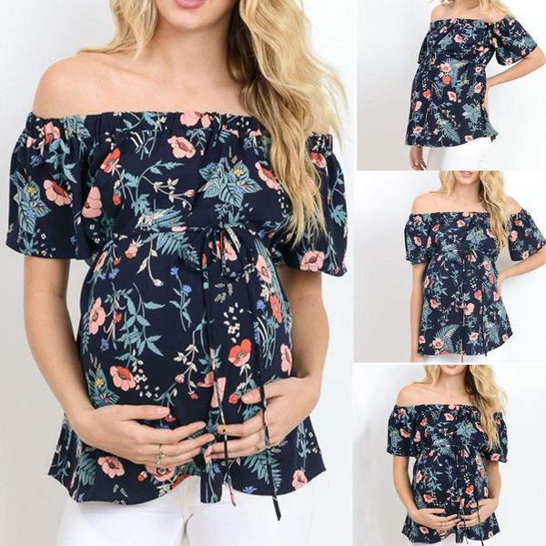 

women's short sleeve breastfeeding off shoulder floral t-shirt maternity maternity clothes pregnancy women, White