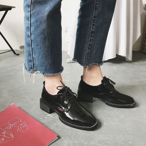 

casual students loafers women classic patent leather lace up female platform shallow thick low heels ladies fashion shoes j14-88, Black