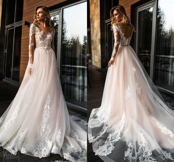 

stunning champagne tulle wedding dress beach appliques a line bridal gown with illusion lace long sleeves vestido de novia, White