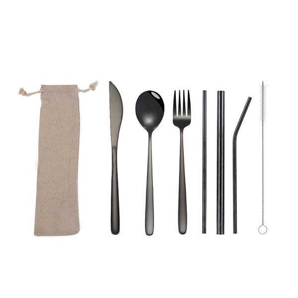 

portable stainless steel travel camping utensils cutlery fork spoon straw brush set flatware tableware with linen carrying bag