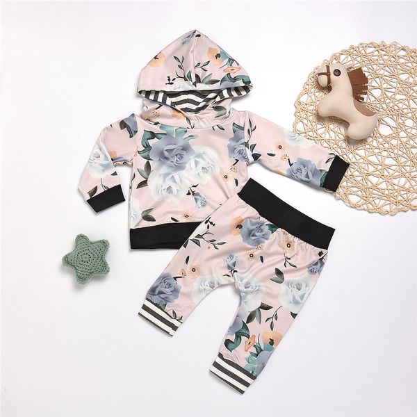 

2018 new fashion baby children clothes sets hooded long sleeve tracksuit long pants trouser autumn flower painted warm toddler, White