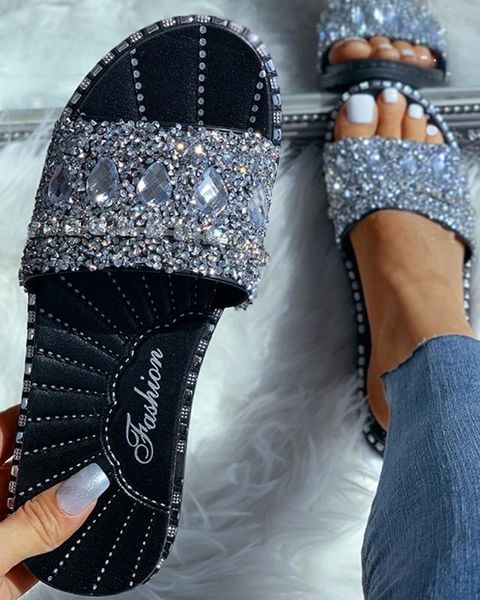 

women bling slippers crystal shoes 2020 platform flat sole flip flops beach transparent mules ladies slides party sandals, Black