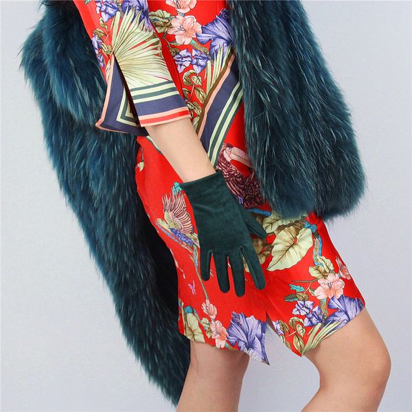 

21cm suede short gloves short section emulation leather suede scrub dark green matte forest green female wjp30-21, Blue;gray