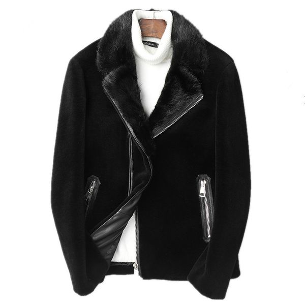 

men's leather & faux real fur coat winter jacket men sheep shearling coats collar wool jackets warm outwear l18-3803 y1640, Black