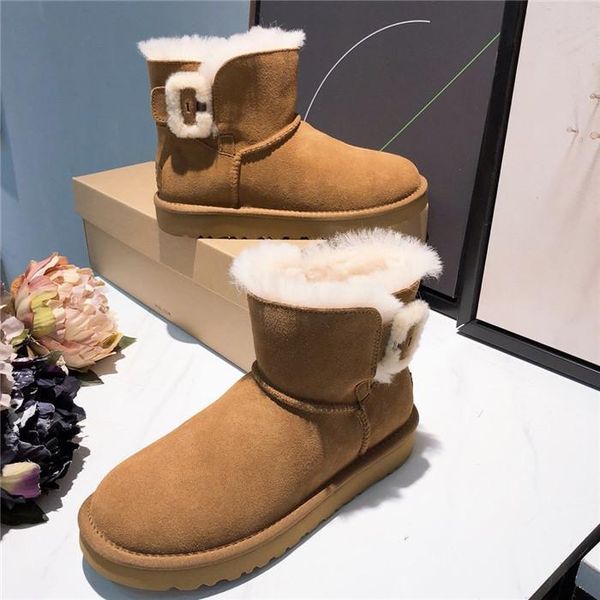

australian winter new square buckle fur integrated snow boots womenss leather flat womenss short boots warm wool womenss shoes 01, Black