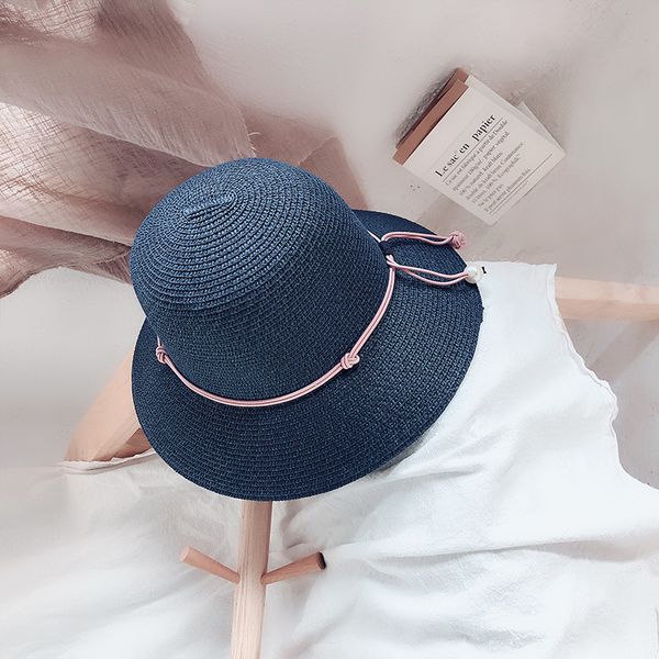 

summer women solid bucket hats sweet beach travel straw hats sun protection collapsible korea fashion bow tie pearl caps 56cm, Blue;gray
