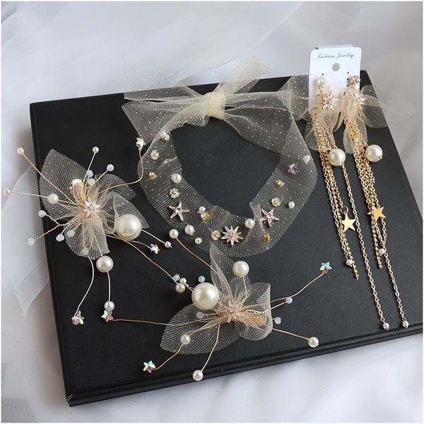 

new korean bridal headdress nude gauze hair clips tiara mori department fairy beauty flower sweet wedding hair accessories, Golden;white